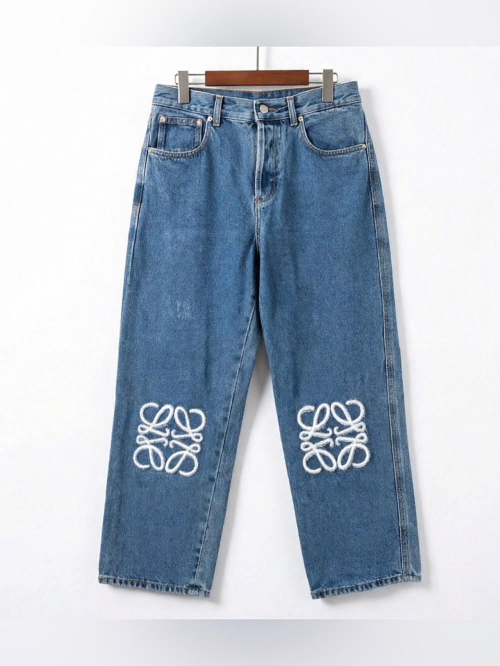Loewe Blue Straight-Leg Jeans with White Embroidered Logos